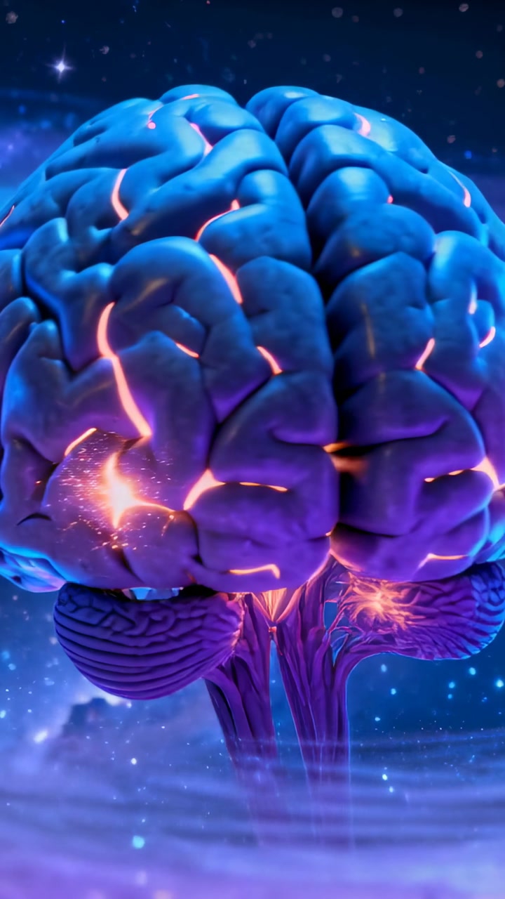 Vertical video: Pulling back camera revealing stylized brain over nebula showing neural activity