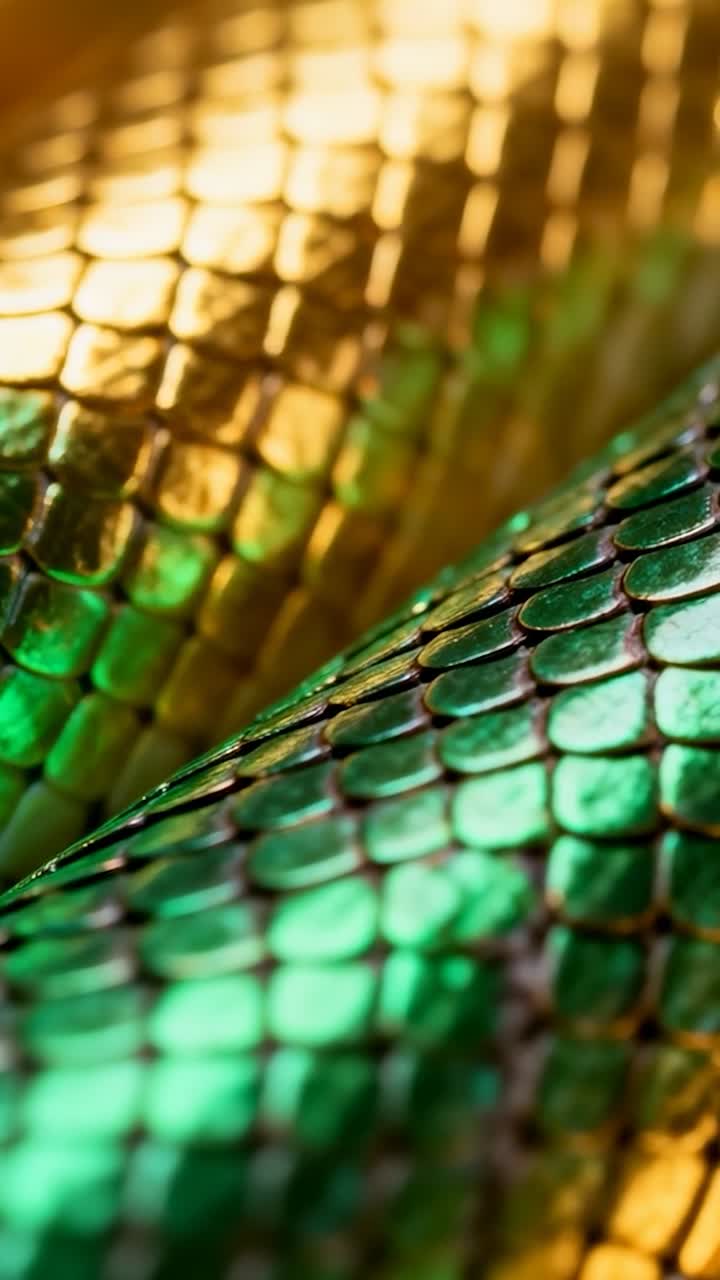Video verticale: spostamento della messa a fuoco della camera che rivela il cambio di tonalità sulle squame oro-verdi con lucentezza macro in laboratorio