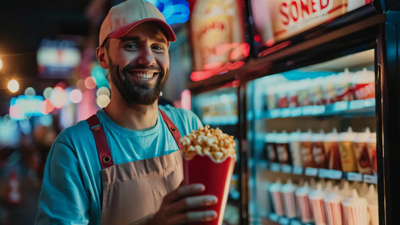 Happy Man Enjoying Popcorn at a Night Food Stand