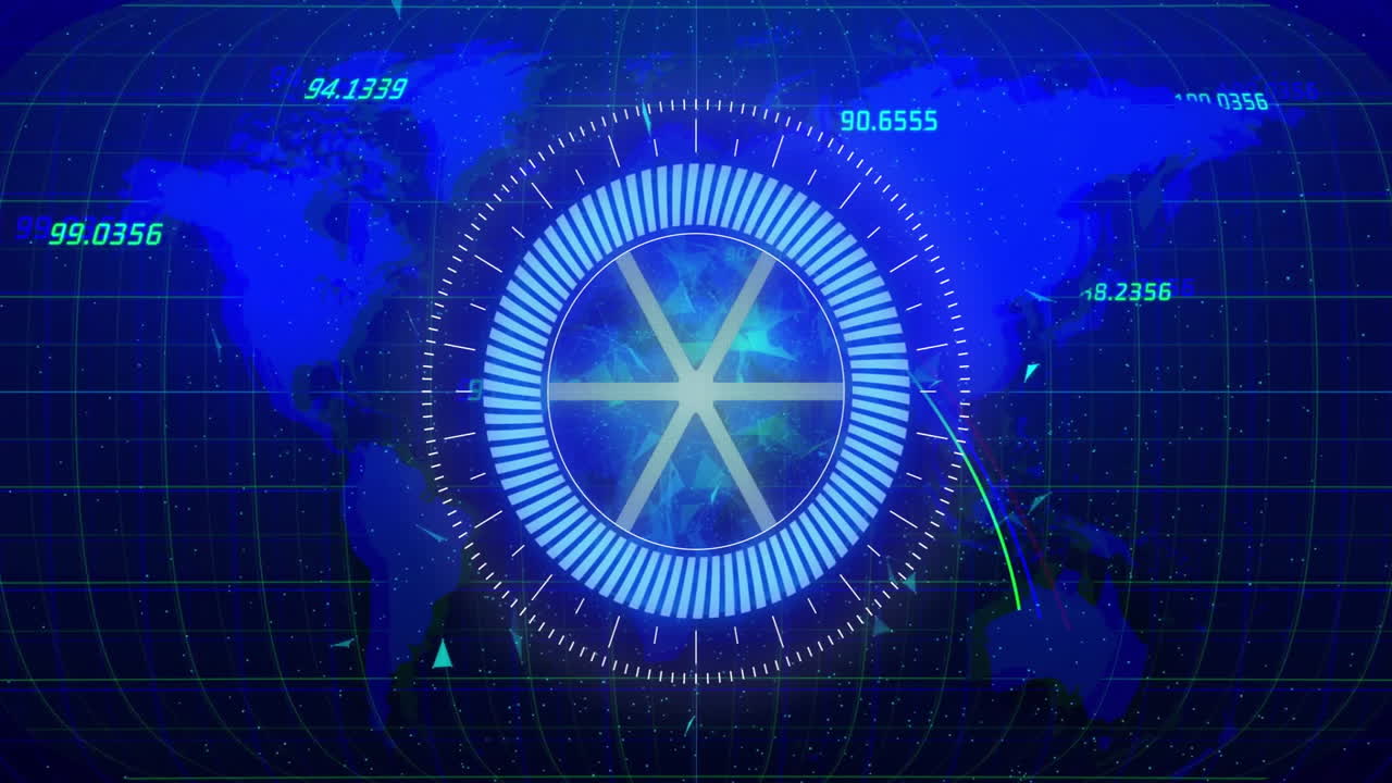 Rotating radar animation over world map with coordinates and grid lines ...