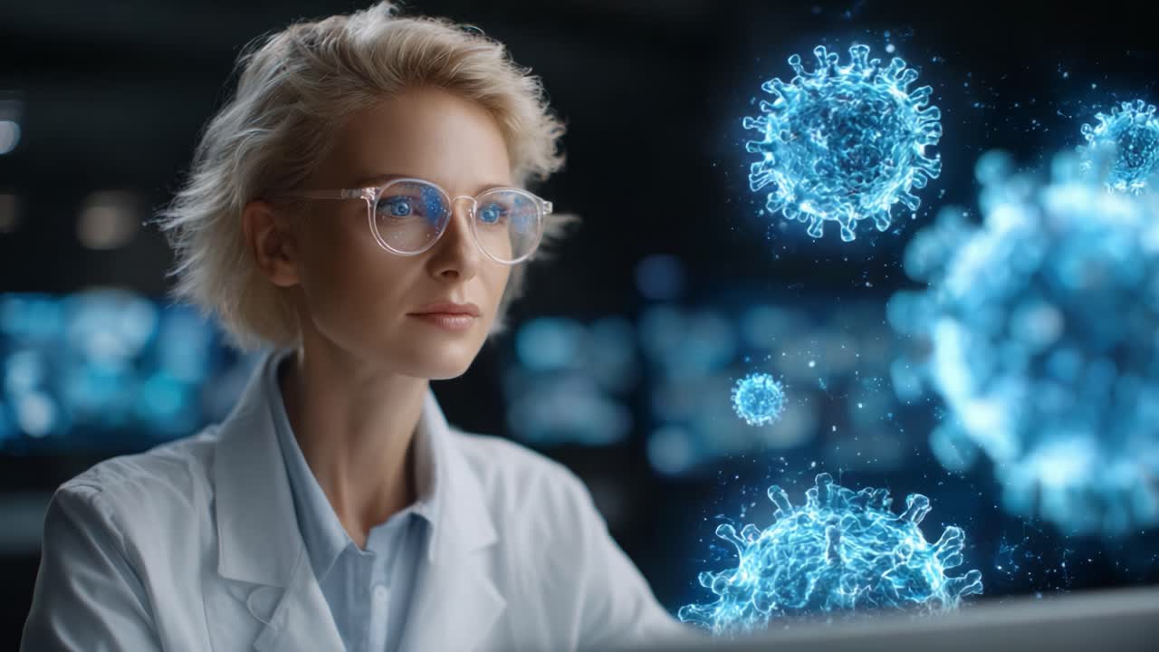 Uno scienziato concentrato analizza dati virali in un laboratorio high-tech, circondato da rappresentazioni olografiche di microbi, illustrando l'importanza della ricerca nella lotta contro le malattie