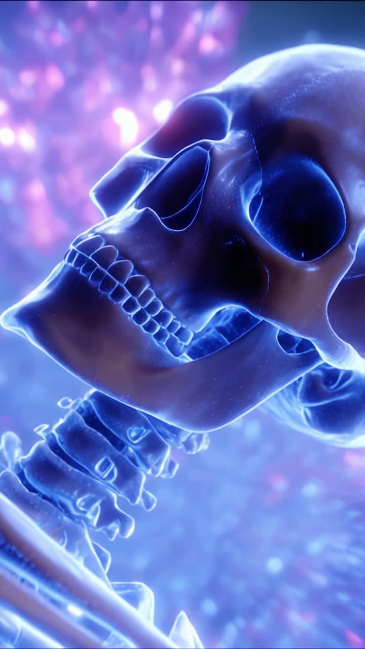 Intricate Visualization of a Human Skull Against an Ethereal Background, Showcasing the Details of Bone Structure and Organic Form in Vibrant Colors