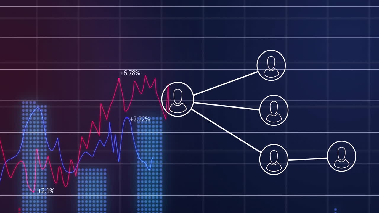 animación del procesamiento de datos financieros a través de la red con iconos de personas en fondo oscuro