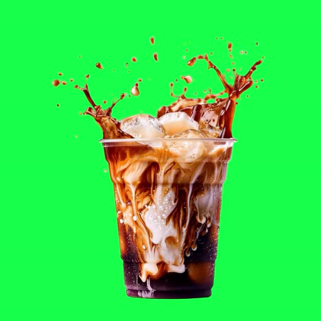 Iced coffee splash vibrant background animation, transparent 4K video, green screen