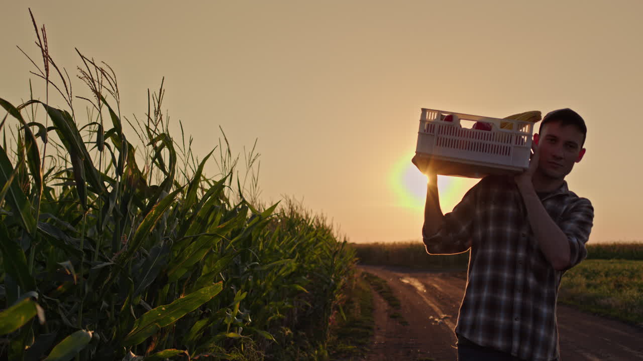 agricultor llevando una canasta de productos en el campo de maíz al atardecer
