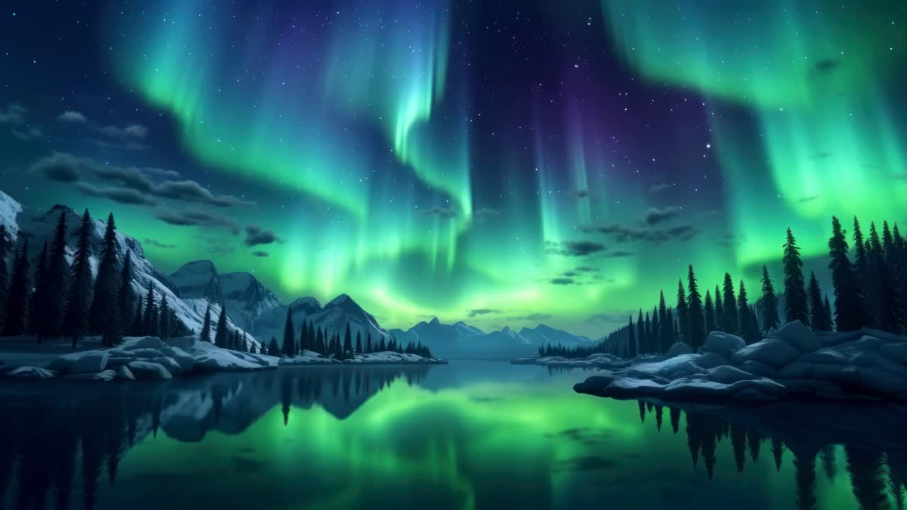 Stunning wide-angle shot of the Northern Lights over a serene lake, capturing vibrant greens