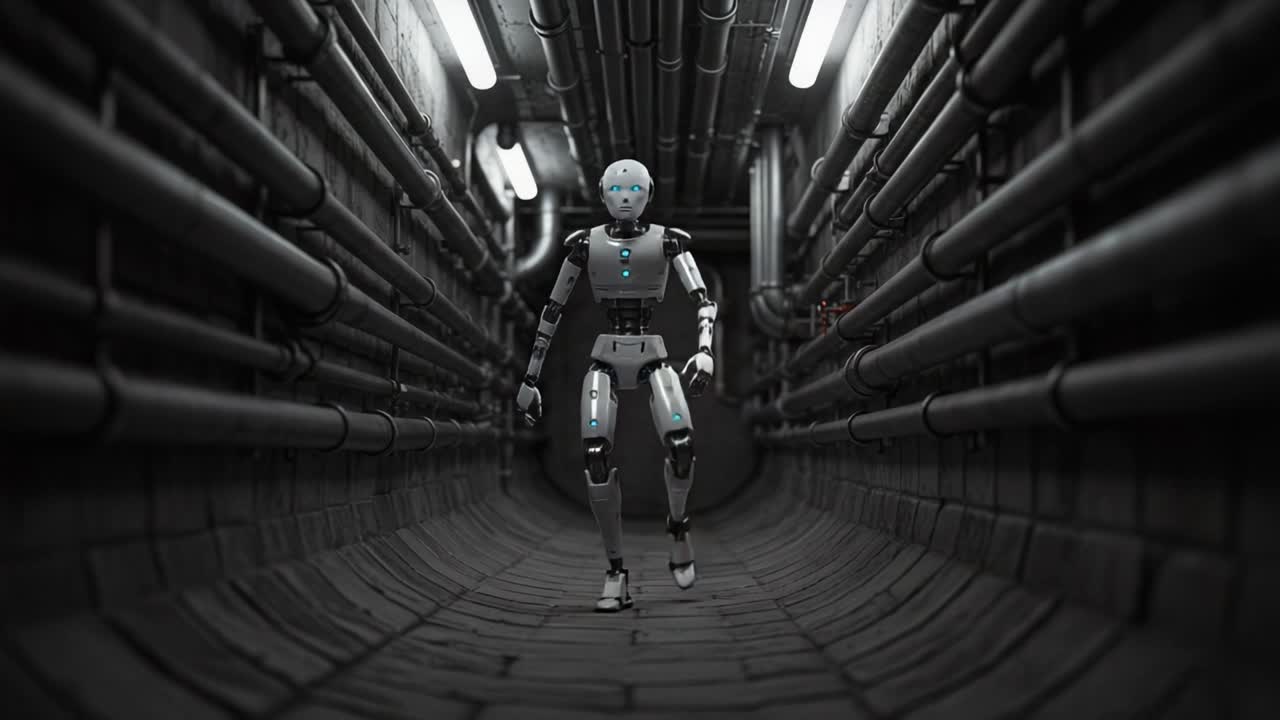 A Futuristic Robot Navigating a Dimly Lit Industrial Tunnel, Showcasing Advanced Design and Movement in a Realistic Cybernetic Environment