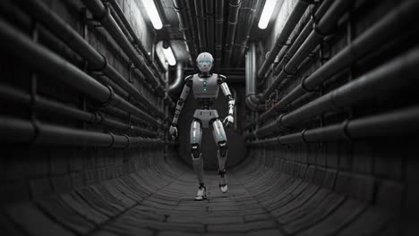a futuristic robot navigating a dimly lit industrial tunnel, showcasing advanced design and movement in a realistic cybernetic environment