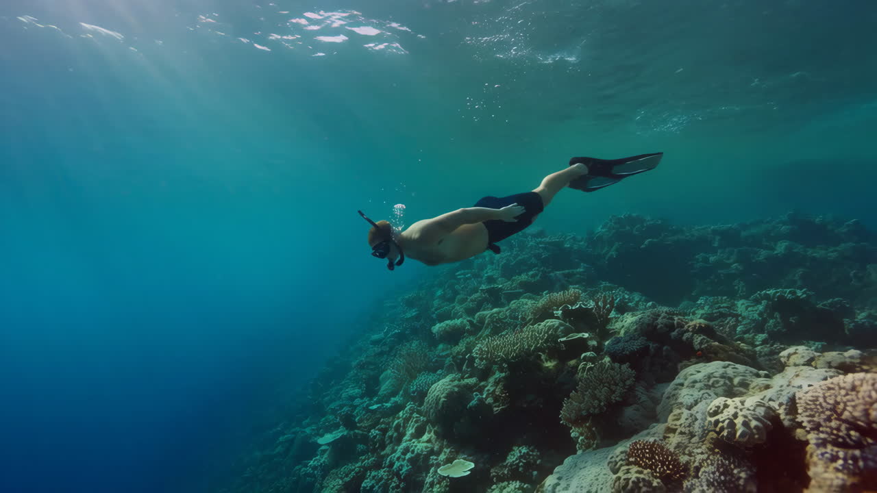 A man snorkeling or freediving over a vibrant coral reef in clear blue water