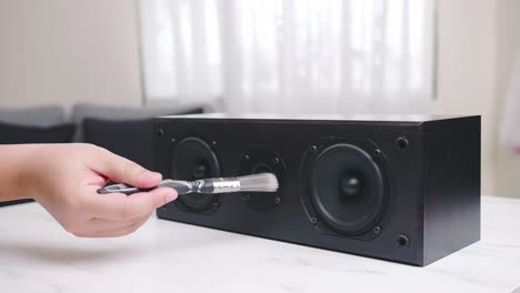 man's performing detailed cleaning on a professional loudspeaker for home theater setup