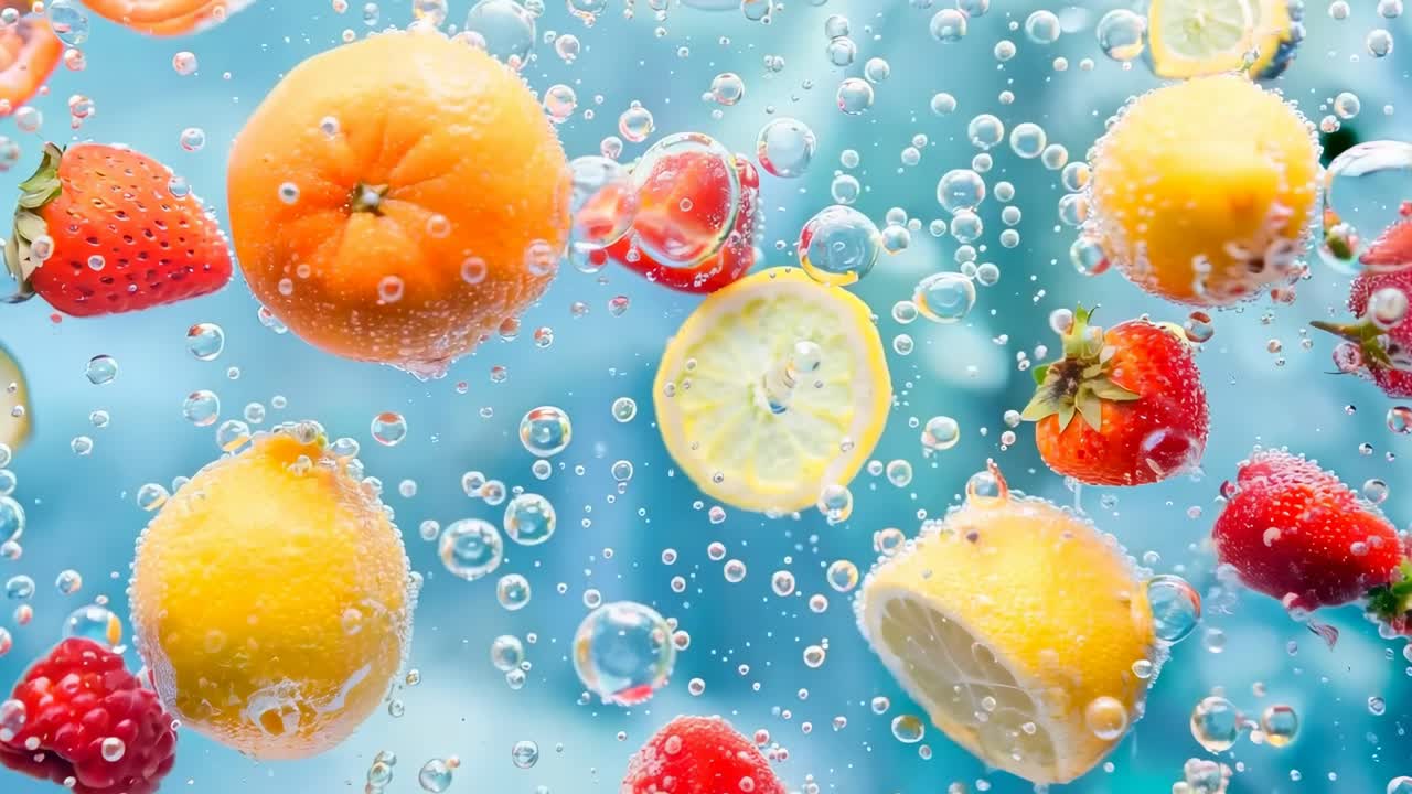 Vibrant fruits submerged in sparkling water, captured in a close-up, dynamic angle