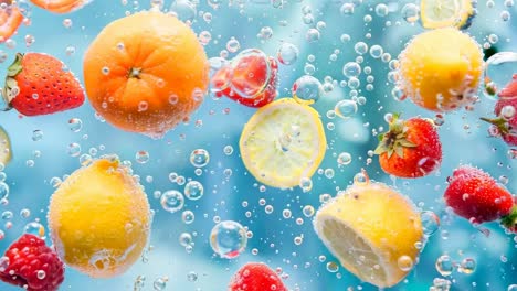 vibrant fruits submerged in sparkling water, captured in a close-up, dynamic angle