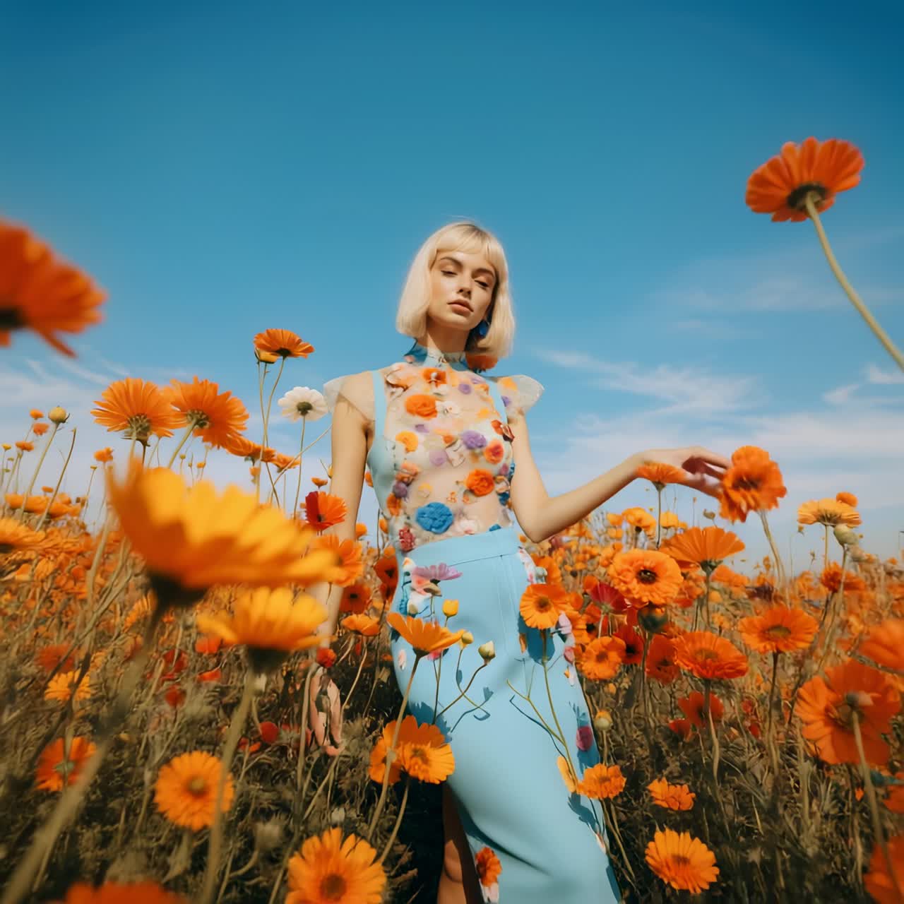 Un video onirico con angolazione bassa di una donna in un abito floreale tra vivaci fiori arancioni