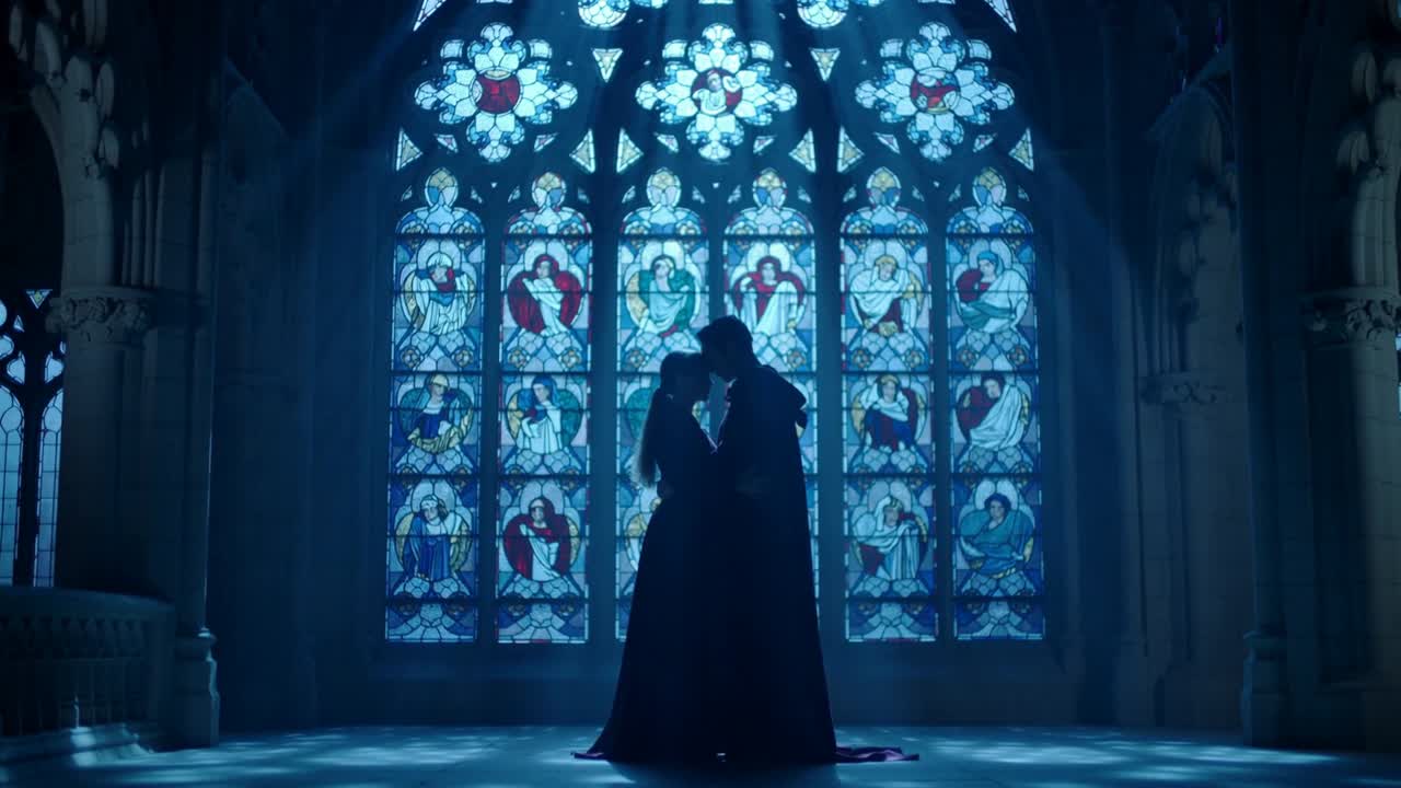 Mand rører ved halsen, par læner sig ind i et kys i et kapel, mens lys fra glasmosaik animeres til en film