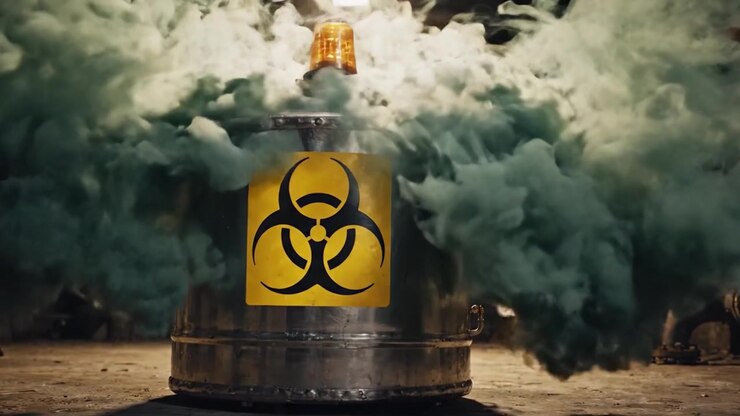 A Suspicious Biohazard Container Releases Toxic Smoke in a Dimly Lit Industrial Setting, Warning of Potential Hazards and the Need for Caution in Hazardous Environments