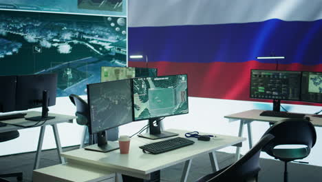 Empty-russian-army-command-center-with-a-big-screen-showing-the-national-flag