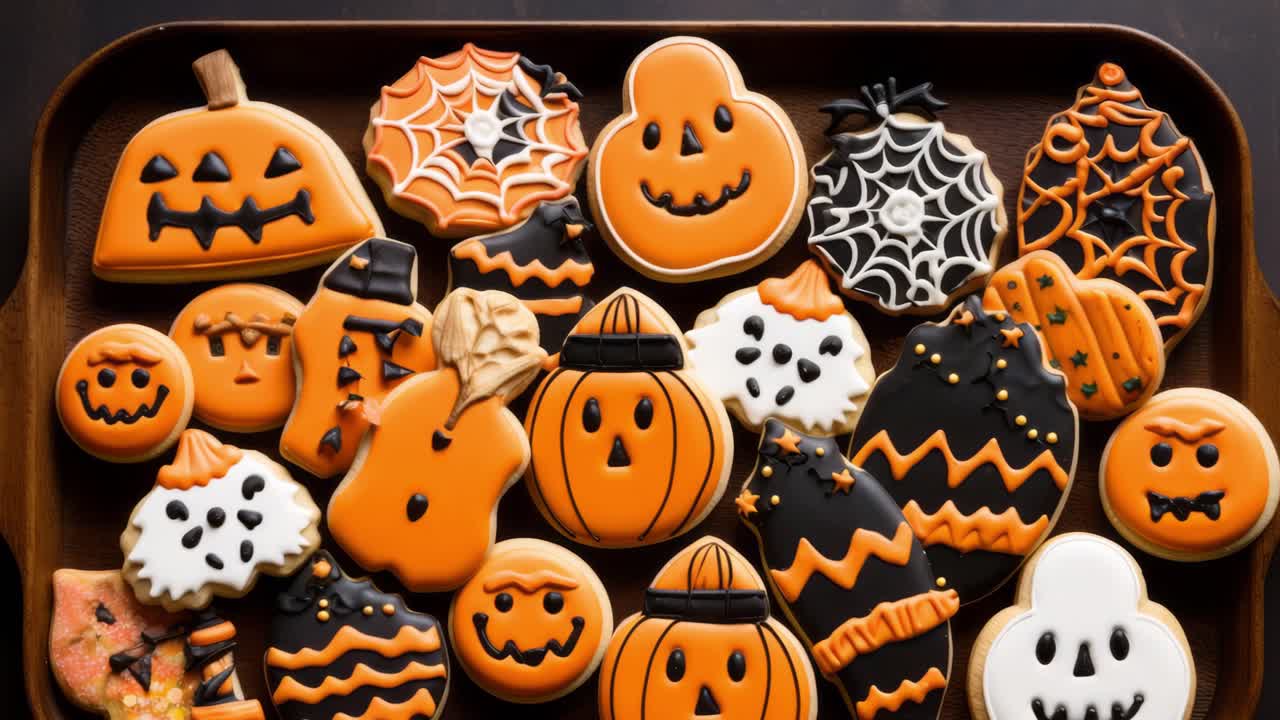 Identical trays of halloween cookies arranged in a grid, creating a repeating pattern with pumpkins, ghosts, spiderwebs and other spooky shapes