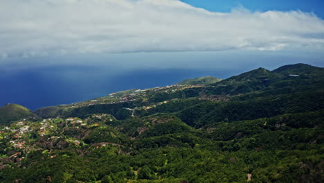 tomada aérea del paisaje pintoresco de la palma, islas canarias. vista alta de la vegetación verde y exuberante, la costa y el profundo océano azul.