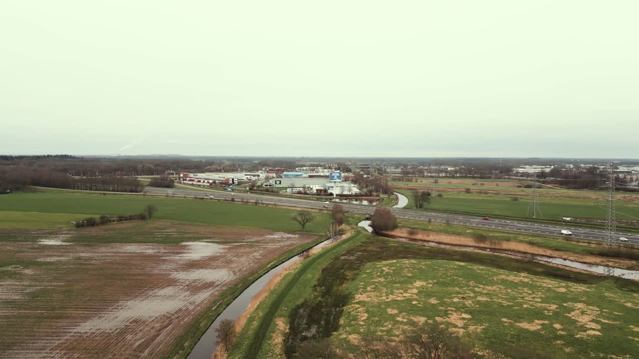 Dutch Countryside Aerial View with Highway and Shopping Center