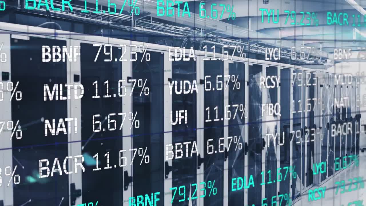 서버 의 서버 랙 위의 거래 보드와 연결된 점의 애니메이션