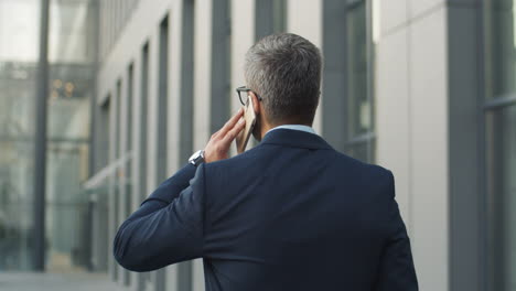 rear view of grey haired businessman talking on phone while walking the street 1