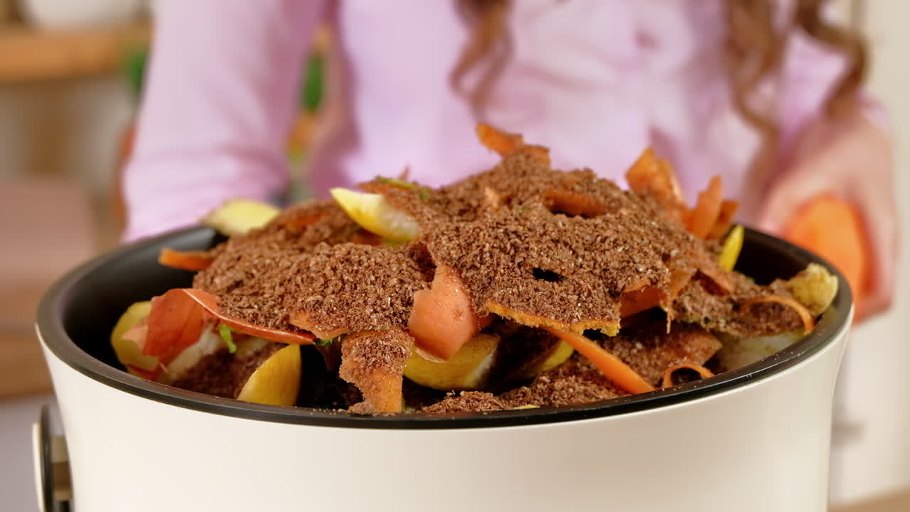 Woman recycling organic waste by composting vegetables peels in the Bokashi in the kitchen