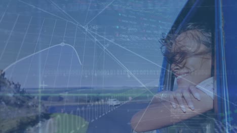 animation of graphs, trading boards, african american woman enjoying breeze through car window