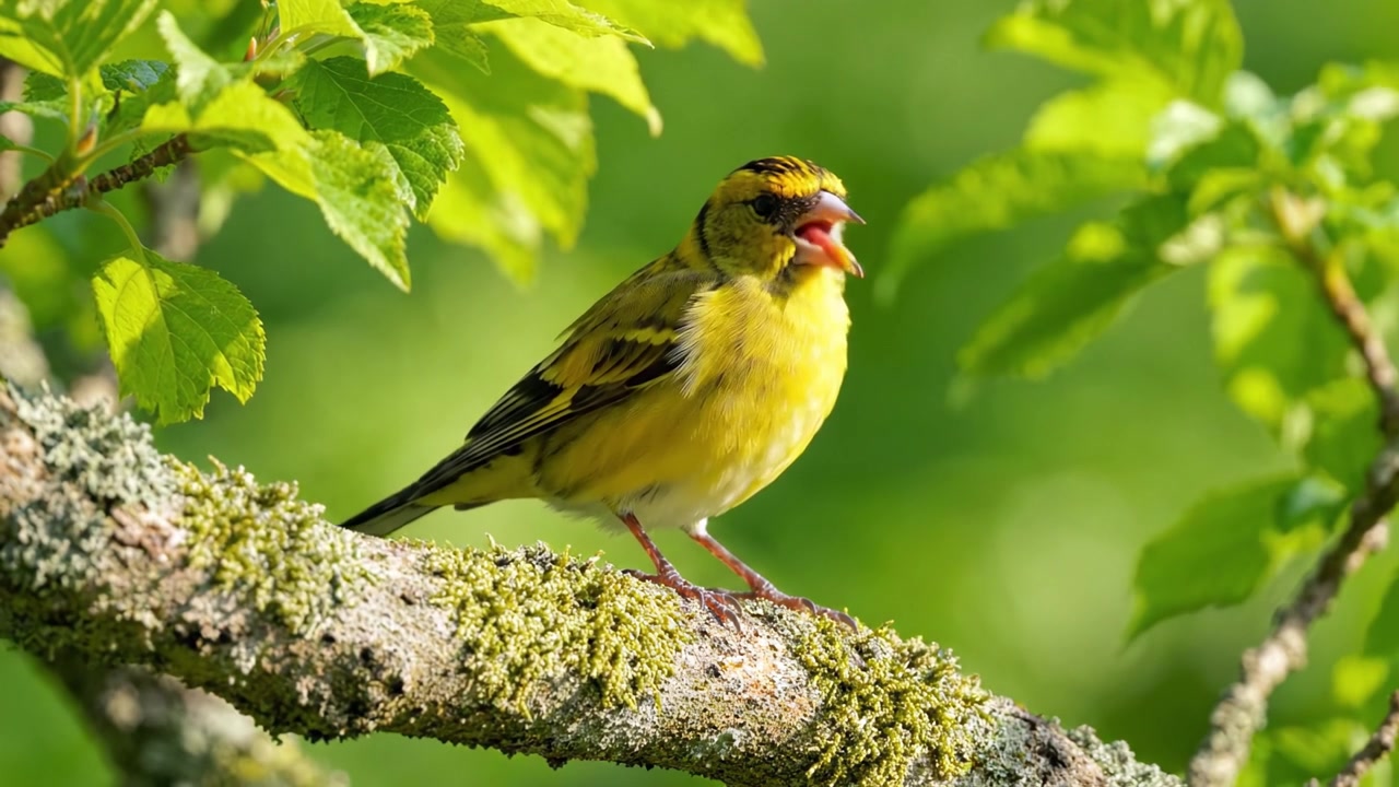 En smuk gul fugl siddende på en mosbegroet gren omgivet af frodige grønne blade i et fredfyldt naturligt habitat, der fanger essensen af naturfotografi