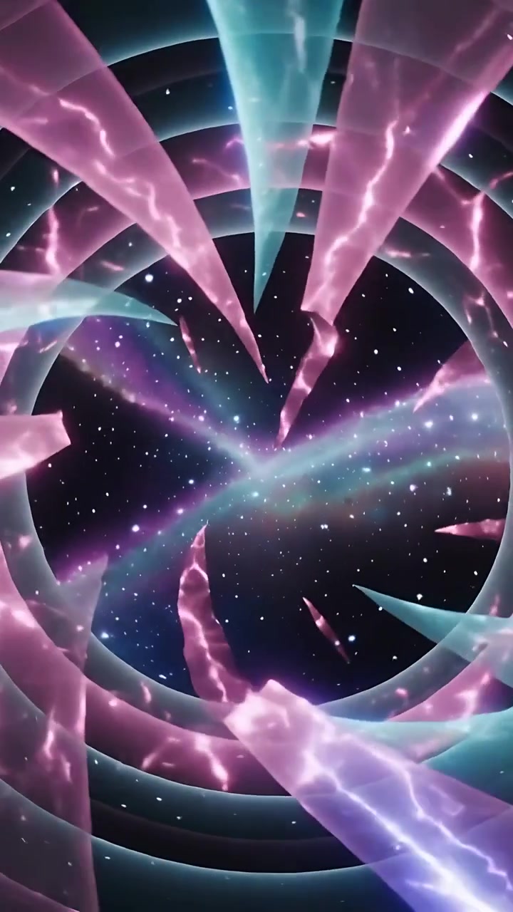 Video vertical: Mirando hacia arriba a través de un portal anillado con fragmentos girando hacia el interior en el espacio, banda de nebulosa.