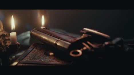 an old pistol on the table filled with old documents and maps inside the sailing ship cabin