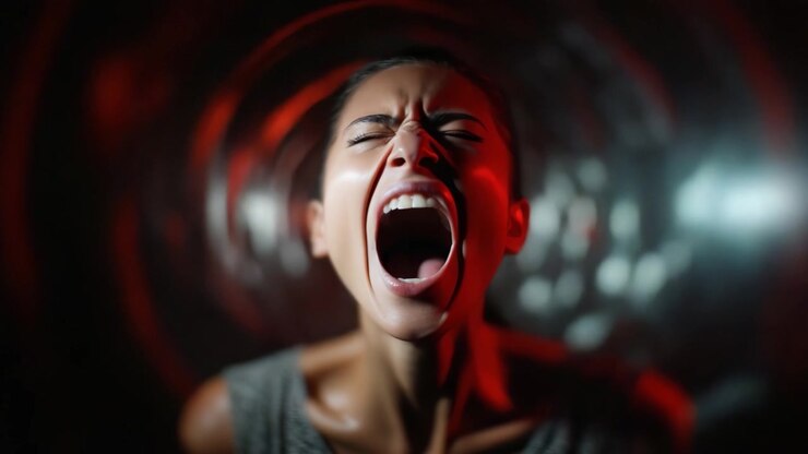 Un'espressione drammatica di emozione: una donna che grida in preda all'angoscia, catturata in due fotogrammi suggestivi da un video, che mostra intensità e potenza allo stato puro.