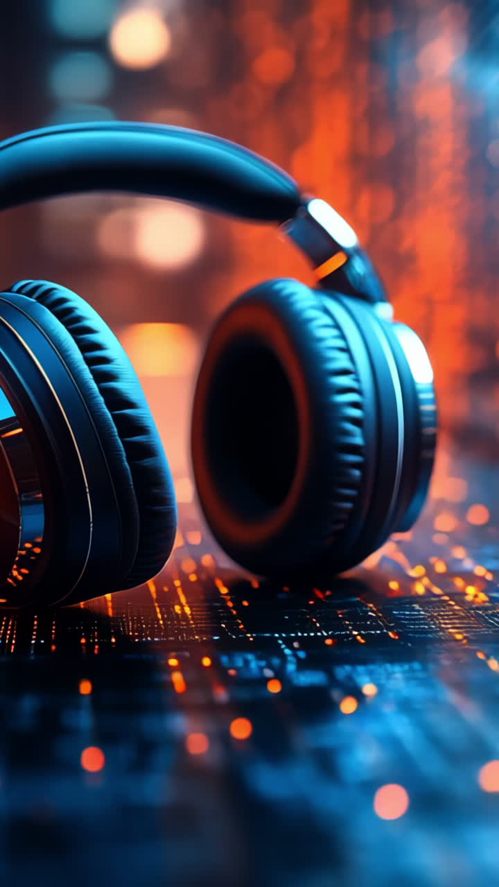 Digital effect headphones. Sleek black headphones rest on a surface lit by vibrant digital patterns, hinting at a tech-inspired setting.