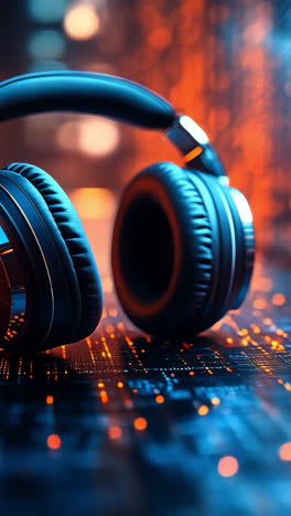digital effect headphones. sleek black headphones rest on a surface lit by vibrant digital patterns, hinting at a tech-inspired setting.