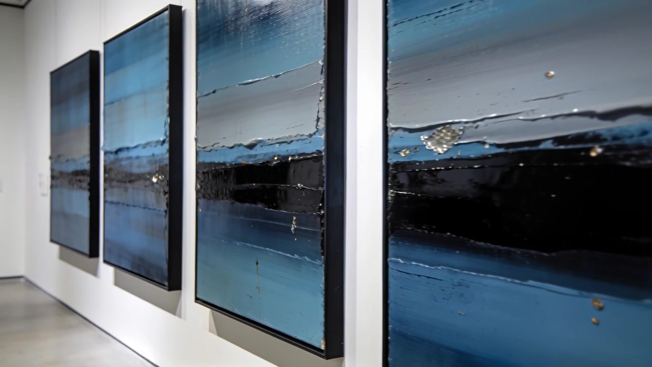Telecamera che scorre da sinistra a destra lungo la parete di una galleria, rivelando pannelli lucidi blu-grigi.
