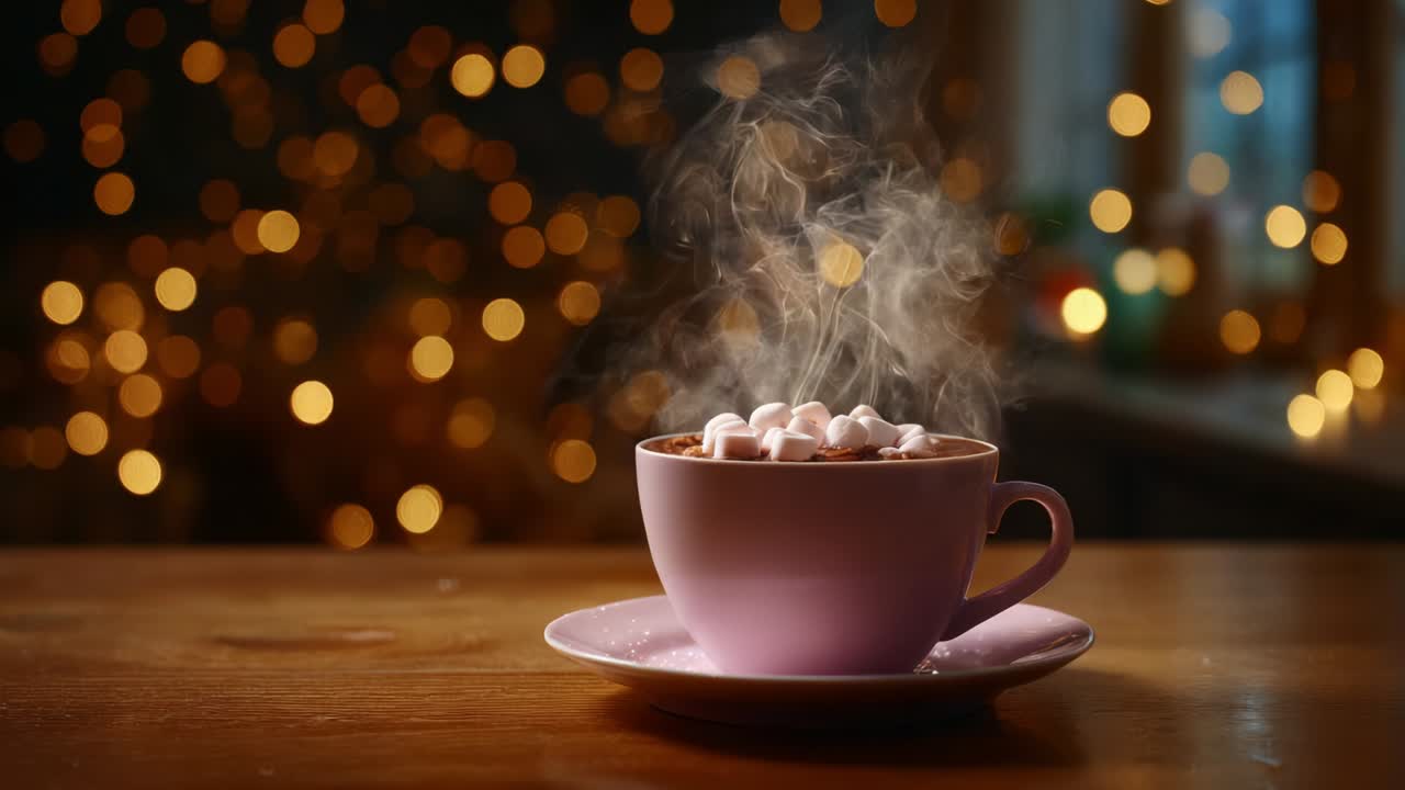 A steaming cup of hot chocolate adorned with fluffy marshmallows sits invitingly on a wooden table, with warm bokeh lights glowing softly in the background, creating a cozy and comforting atmosphere perfect for chilly days