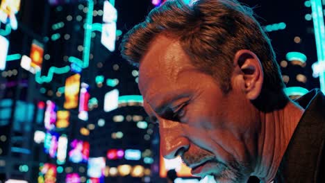 man in times square, nighttime
