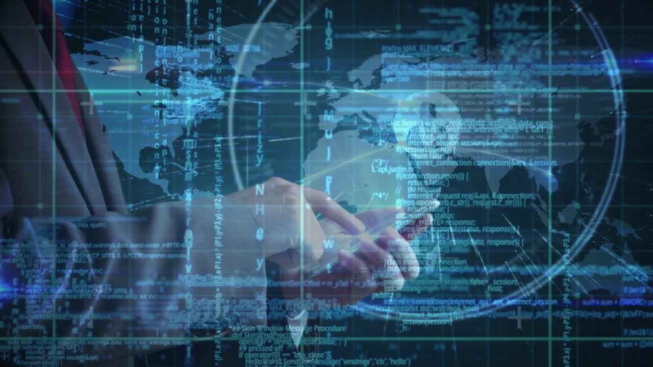 animación del procesamiento de datos sobre un hombre de negocios que usa un teléfono inteligente