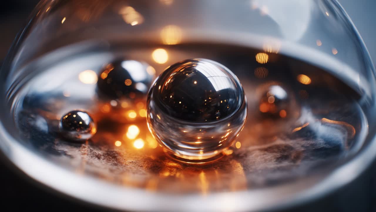Captivating Close-Up of Reflective Spheres in a Glass Dome Showcasing Intricate Details and Warm Lighting, Highlighting the Beauty of Bubbles on a Metallic Surface