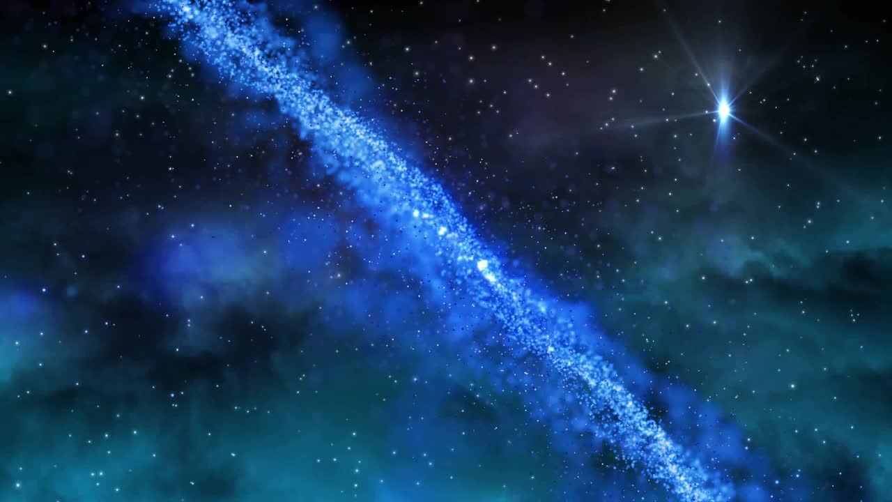 Bright star shining initiating wisps forming glowing ribbon drifting diagonally showing cosmic flow