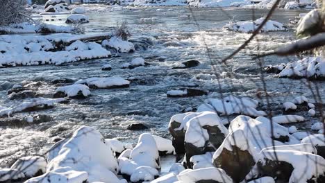 Snow-draped-rocks-and-rushing-rapids-in-slow-motion-with-a-pan-left-in-Bend,-Oregon