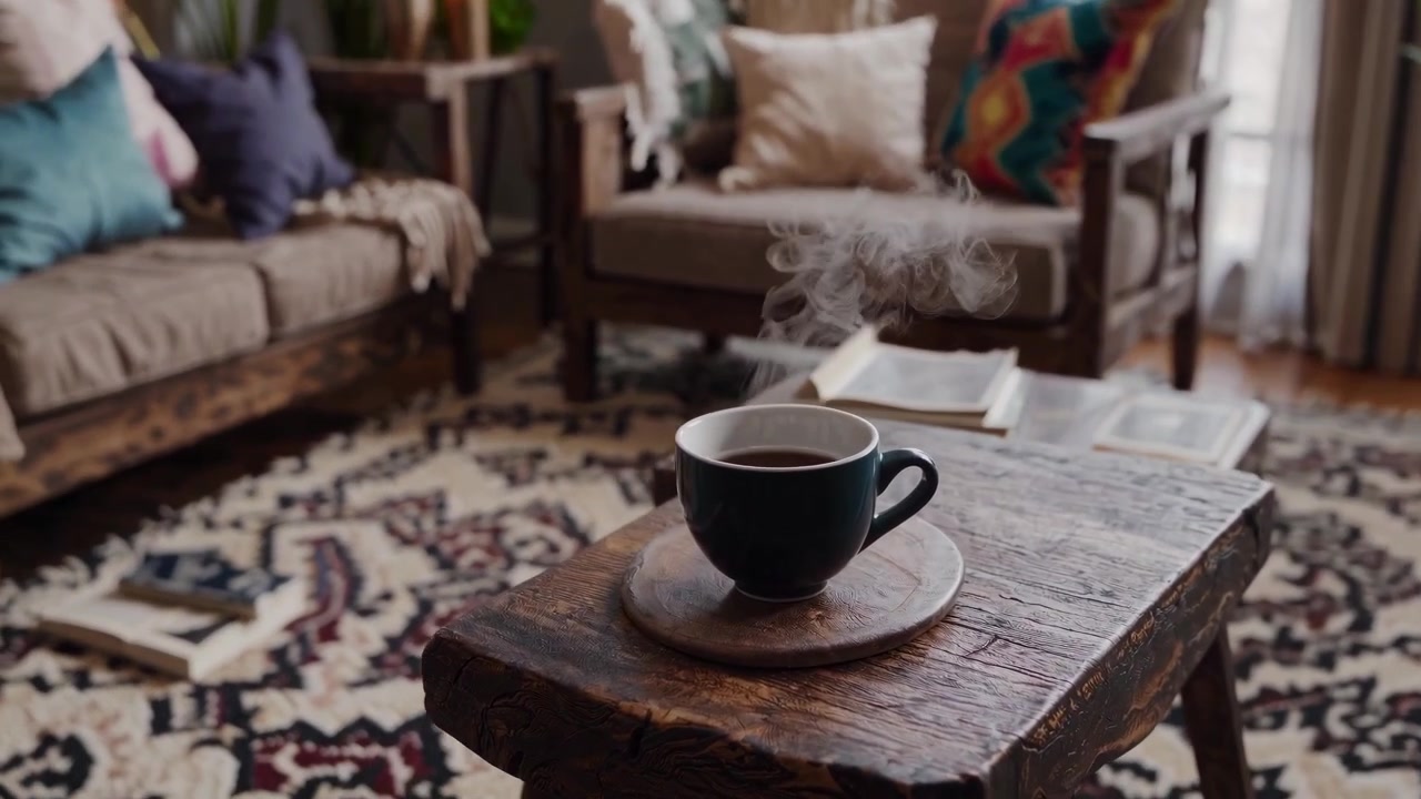 Steaming Cup of Coffee on Rustic Wooden Table in Cozy Living Room