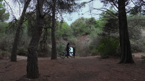 As-a-cyclist-rides-past,-wide-shot-of-tidy-forest-captures-overhead-train-riding-simultaneously