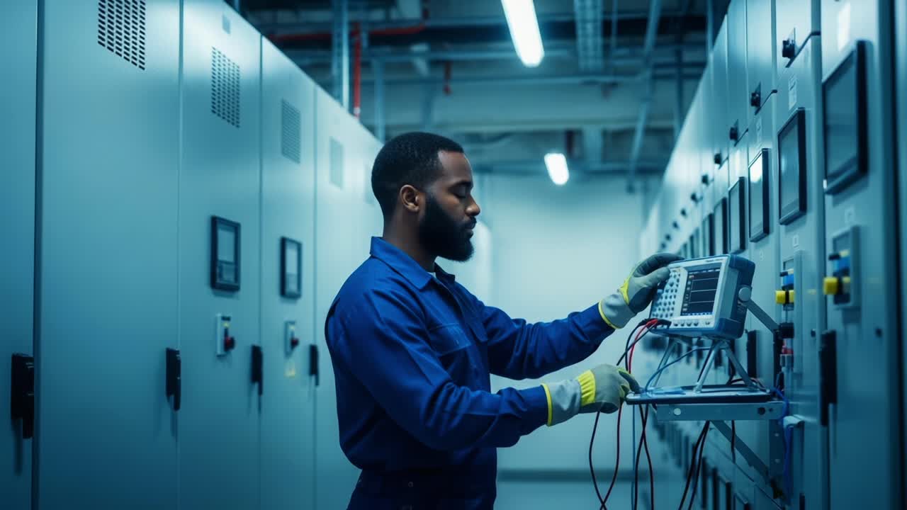 A Technician Conducting Electrical Measurements in a Control Room, Demonstrating Precision and Expertise with Equipment in a Dimly Lit Environment