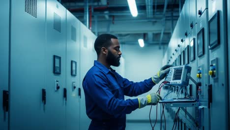 a technician conducting electrical measurements in a control room, demonstrating precision and expertise with equipment in a dimly lit environment