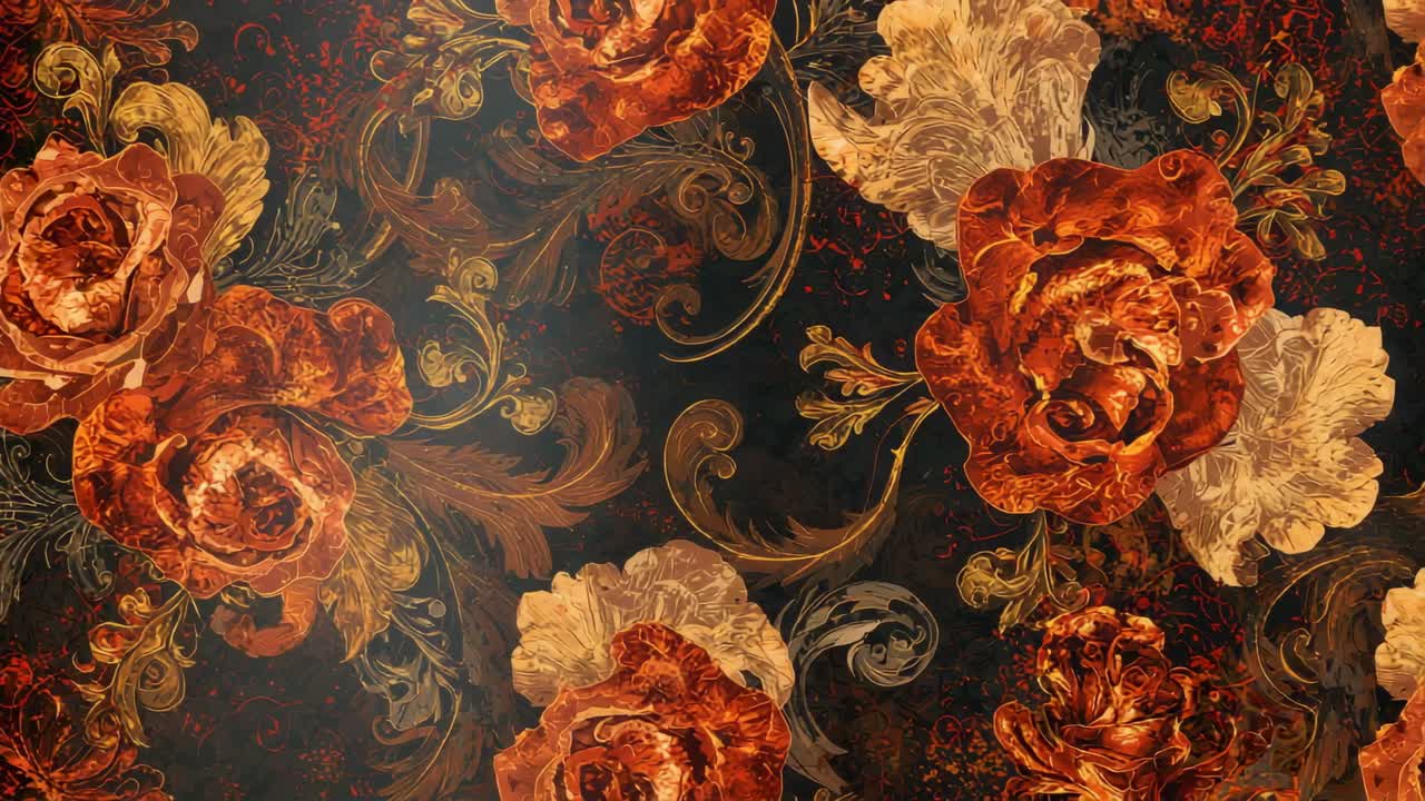 Playback starting floral motif filling, displaying red cream roses entwining gold foliage as decor