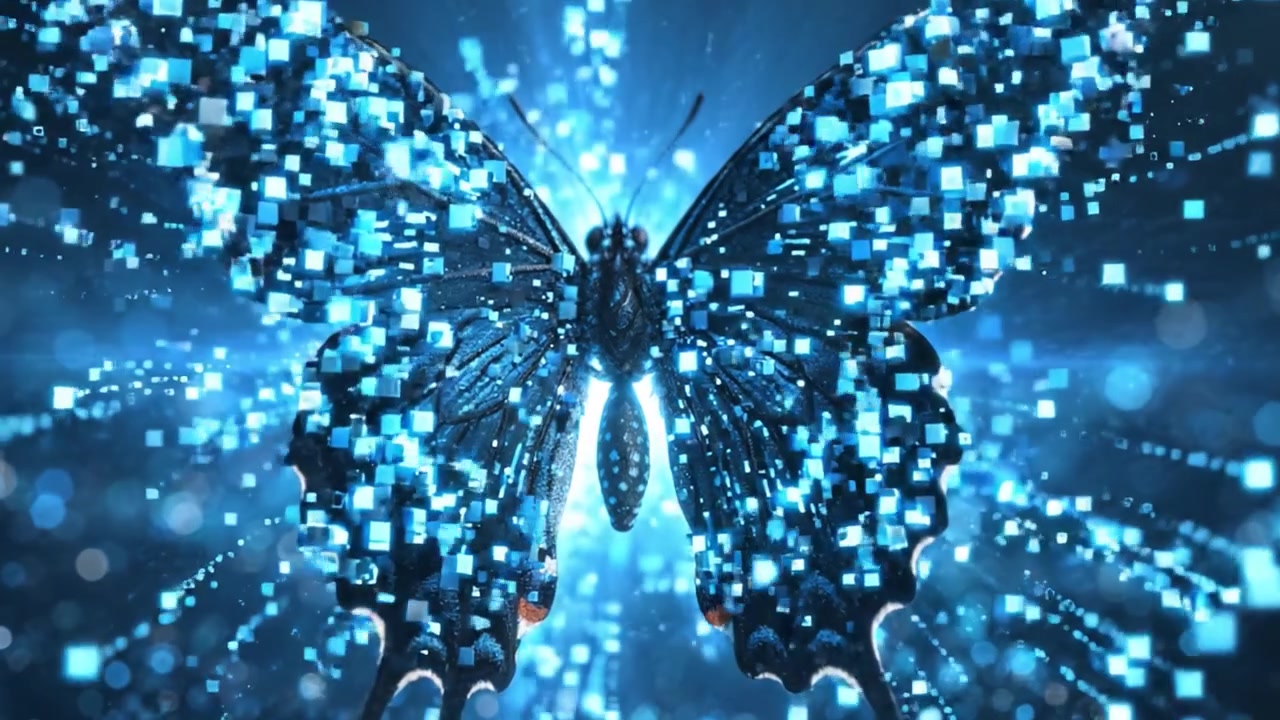 A Stunning Transformation: Captivating Blue Butterfly and Dynamic Blue Particle Burst Showcase the Beauty of Nature and Technology in a Mesmerizing Visual Experience