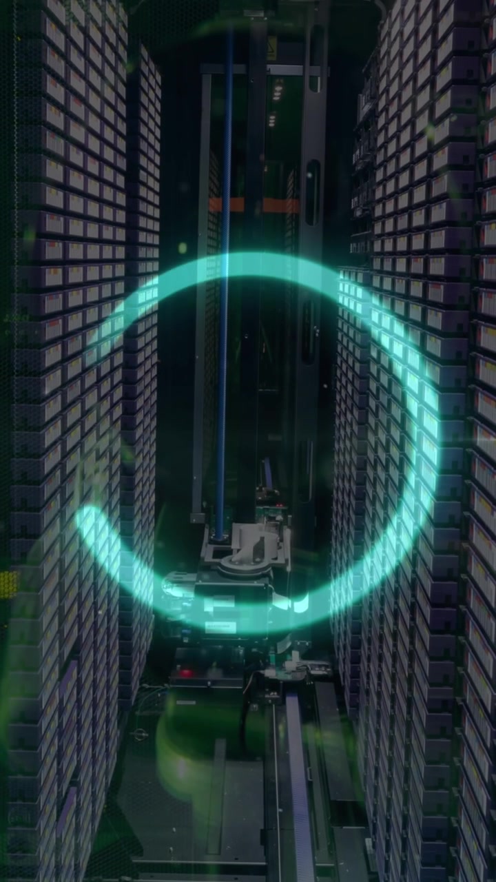 Animation of loading circle over dots against server racks and equipment in background