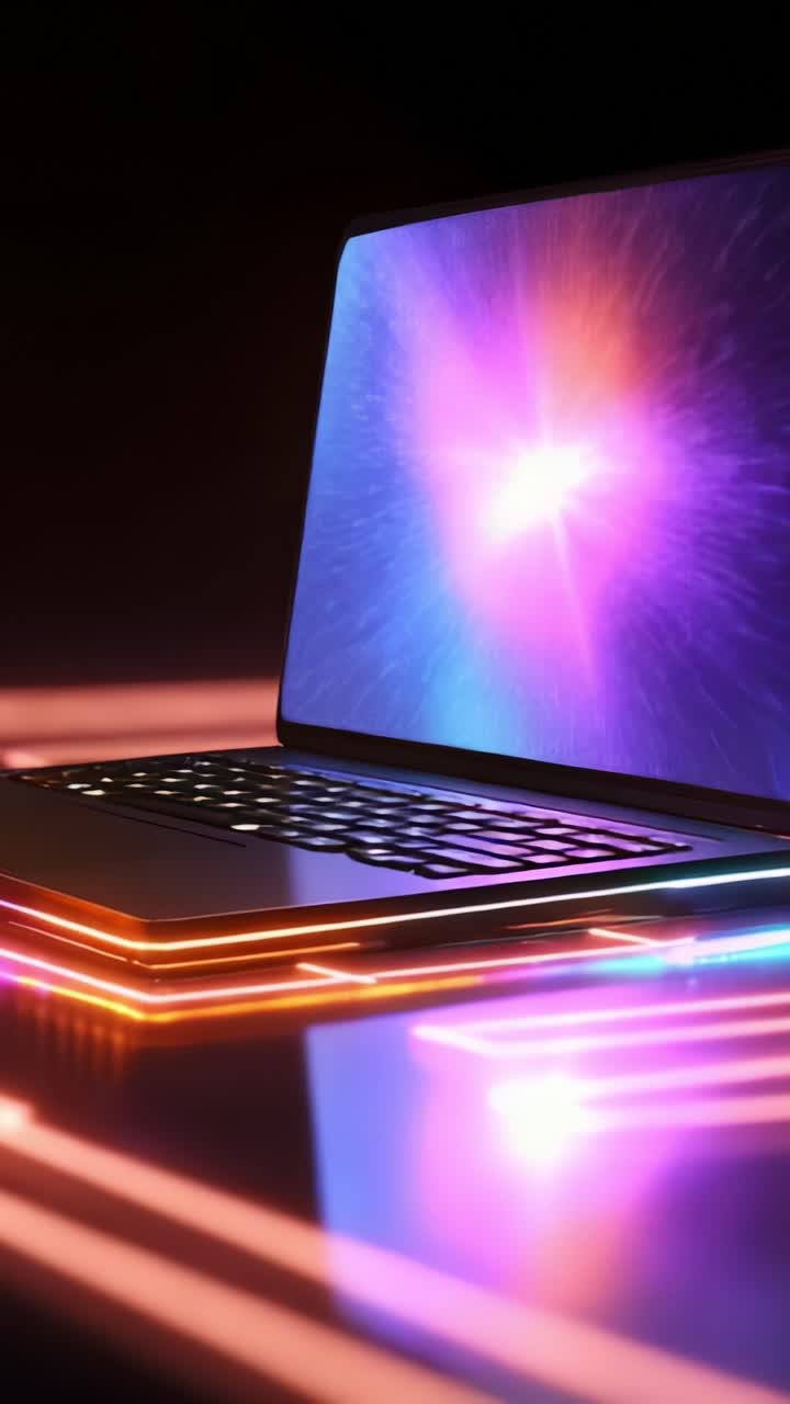 Un laptop moderno mostra il suo design elegante, illuminato da colori vivaci che si riflettono sulla superficie, evocando una sensazione di tecnologia all'avanguardia e creatività