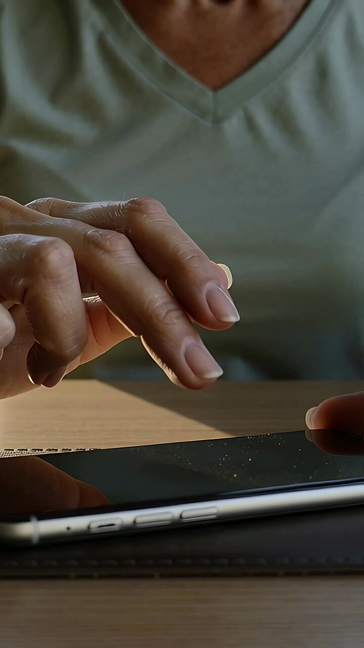 Video verticale: Inquadratura ravvicinata, dito indice di una donna con top verde che tocca lo schermo di un telefono su un tavolo, polvere sullo schermo
