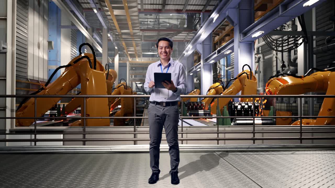 Full Body Of An Asian Male Professional Worker Standing With Industrial Robotic Arms Working, Typing On Tablet'S Keyboard With Green Screen And Look At The Factory Once
